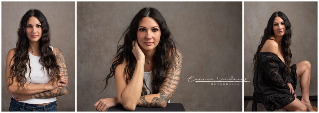 wardrobe styling tips of a woman dressed in white tank top & black dress for glamour portraits