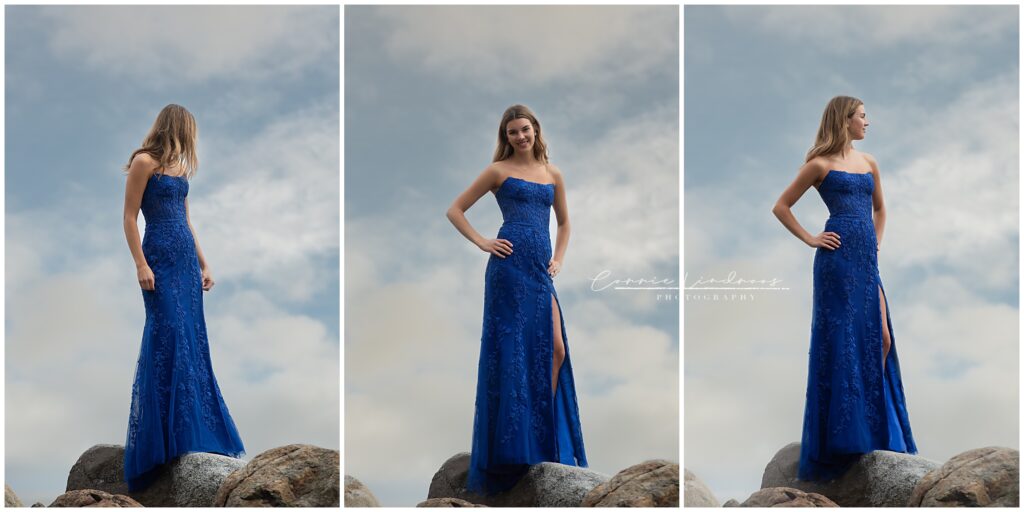 Three image collage of a female graduate standing on rocks wearing a royal blue prom dress.  The blue & cloudy sky is the backdrop.