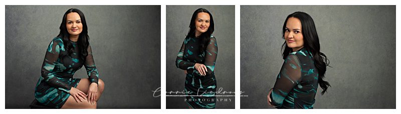 Three Glamour Portraits of woman with dark brown hair wearing green and black dress