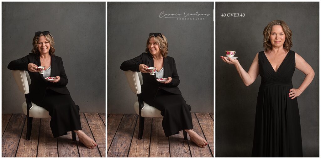 Three images in a collage.  First image is Alaine in a black suit enjoying tea. Second Image is a joyful portrait of Alaine laughing with a teacup.  Third image is Alaine holding a teacup while wearing a black dress