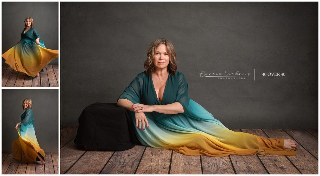 Three images in a collage.  First image is Alaine twirling in a teal and yellow gown, celebrating beauty over 40.  Second image is a movement portrait of Alaine dancing in a flowing dress.  Third image is an elegant portrait of Alaine seated in colorful gown, 40 Over 40 project.