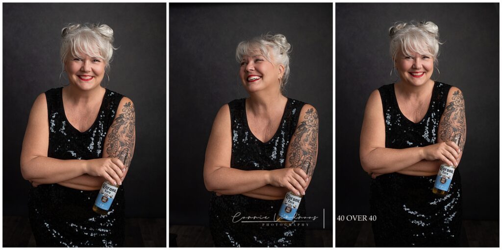 Close-up portrait of Kim, age 57, with tattoos and space buns, breaking beauty stereotypes for women over 40.