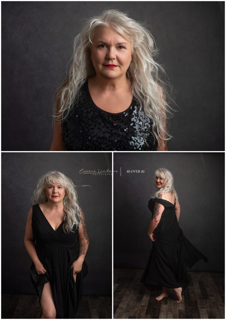 Full-body portrait of Kim, 57, from a luxury photography session celebrating women’s empowerment after 40.