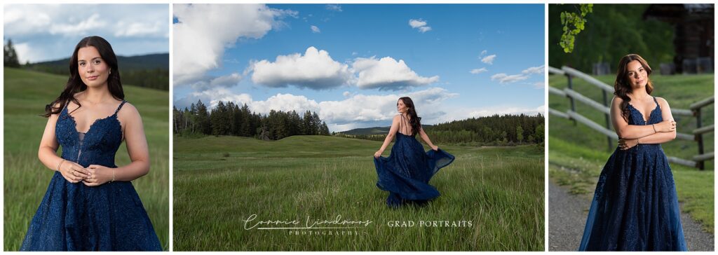 Portrait of Maleah twirling in a navy blue gown in a wide open green field under blue skies.