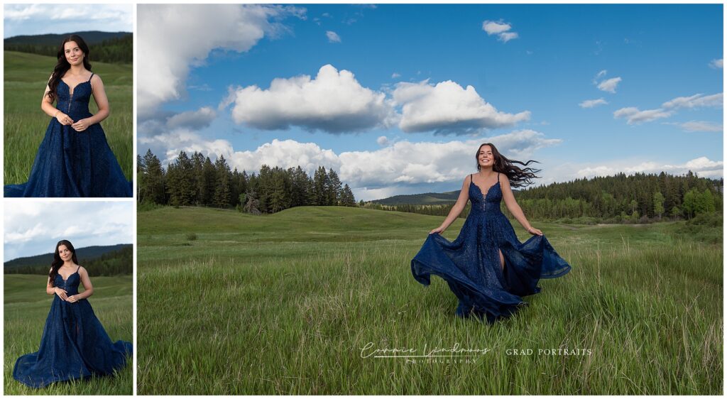 Graduation portrait of Maleah standing in a meadow, hands clasped, celebrating her milestone.