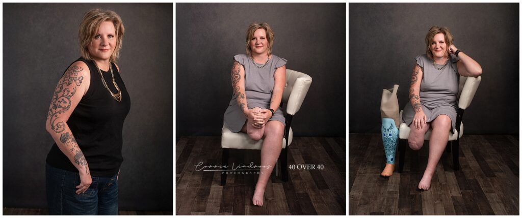 Empowering portrait of a woman with a blue prosthetic leg, over 40, captured by Corrie Lindroos Photography