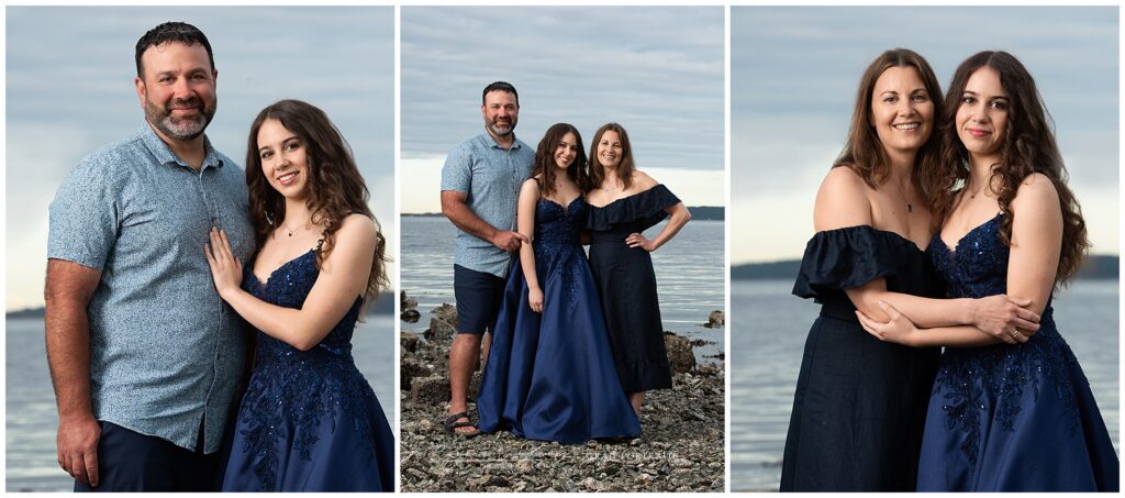 Mother, father and daughter hugging during grad photo session