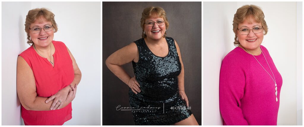 Christa smiling in a bright pink sweater during her 40 Over 40 portrait session.
